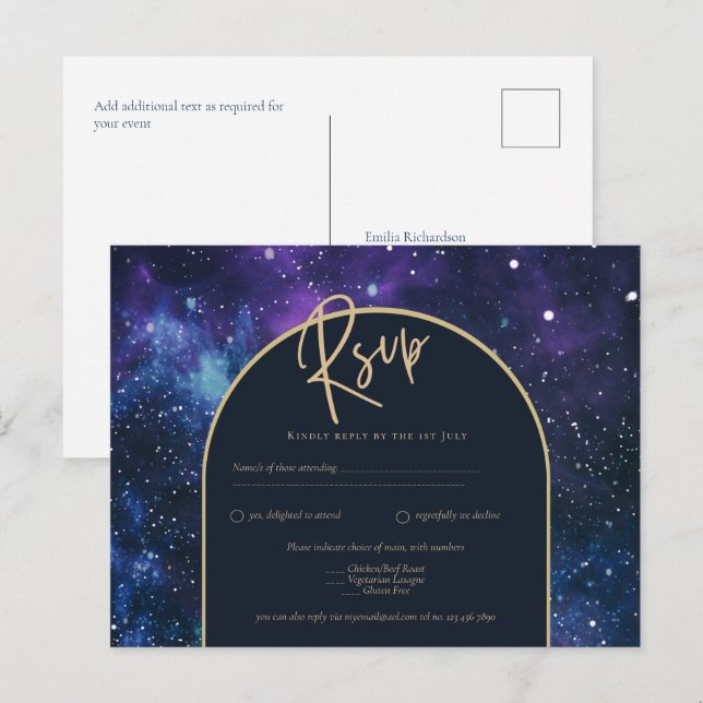Galaxy Starry Night Purple Blue Gold Wedding RSVP Postcard (Front/Back)