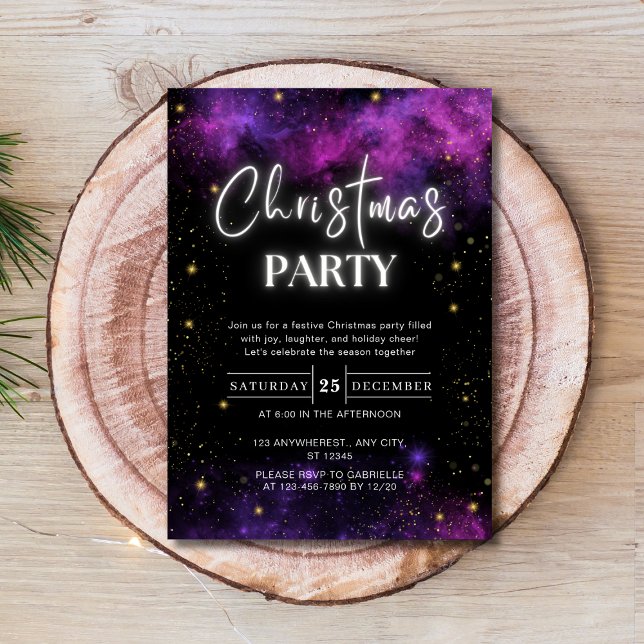 Galaxy Starry Space Neon Black Christmas Party Invitation (Galaxy Starry Space Neon Black Christmas Party Invitation )