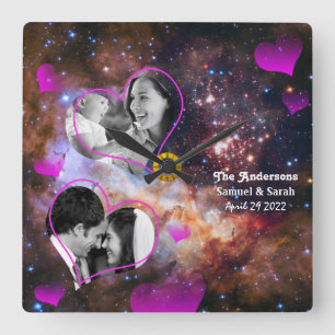 Galaxy Stars Anniversary, Wedding Photo Collage Square Wall Clock