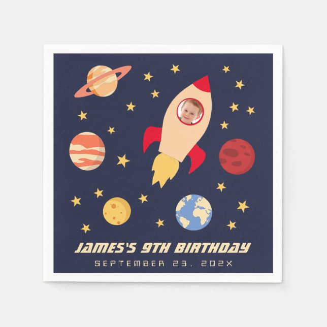 Galaxy Stars Birthday  Boy Photo Space Rocket Napkin (Front)