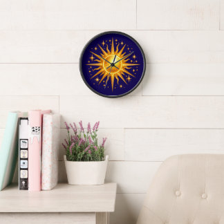 Galaxy Sun and Stars Faux Gold Navy Blue Clock