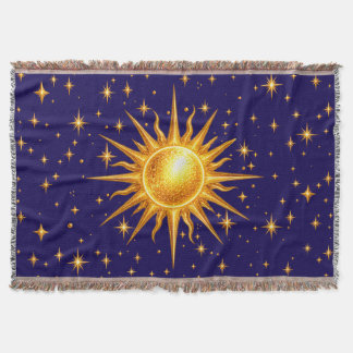 Galaxy Sun and Stars Faux Gold Navy Blue Throw Blanket