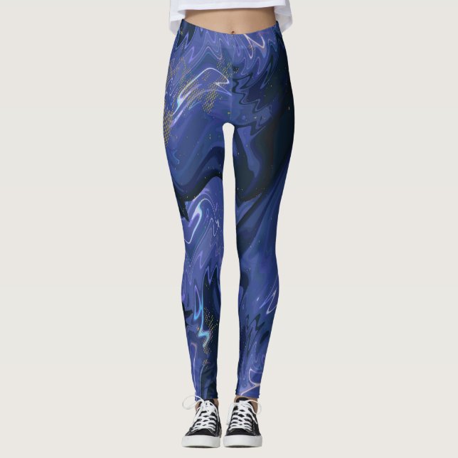 Galaxy Swirl Blue Glitter Abstract Cosmic Pattern  Leggings (Front)