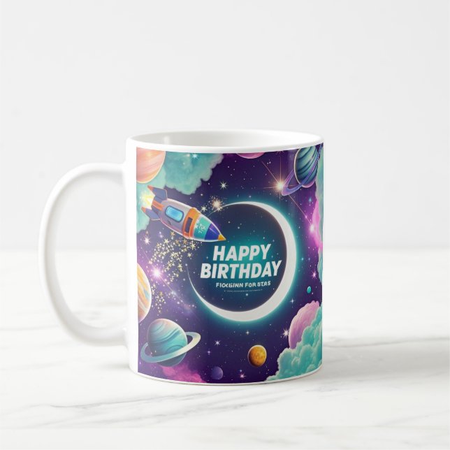 Galaxy-themed happy birthday crescent moon, stars coffee mug (Left)