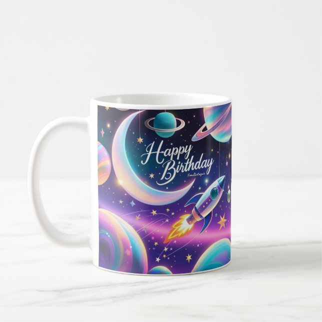 Galaxy-themed happy birthday crescent moon, stars coffee mug (Left)