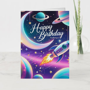 Galaxy-themed happy birthday crescent moon, stars foil greeting card