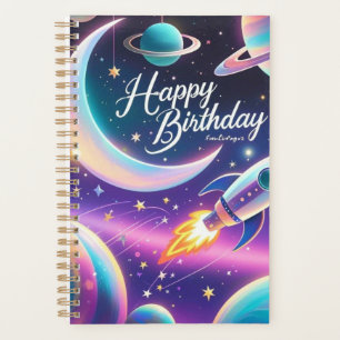 Galaxy-themed happy birthday crescent moon, stars planner