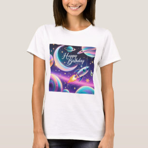 Galaxy-themed happy birthday crescent moon, stars T-Shirt