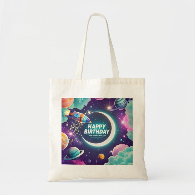 Galaxy-themed happy birthday crescent moon, stars tote bag (Front)