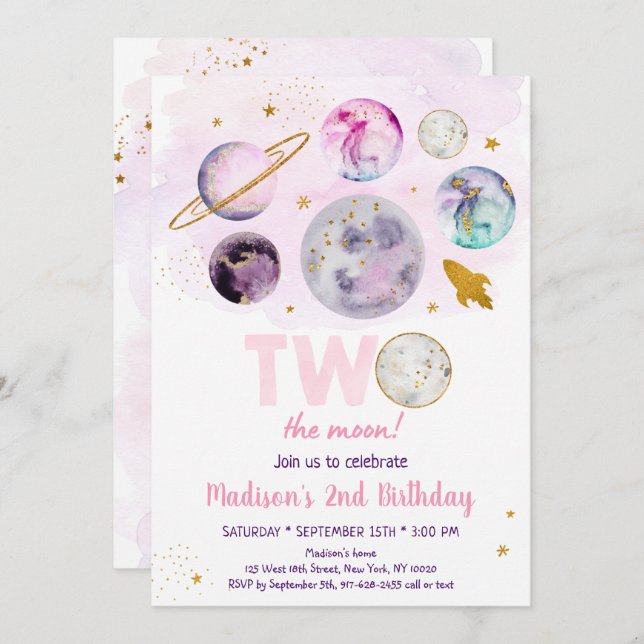 Galaxy Two The Moon Pink Gold Outer Space Birthday Invitation (Front/Back)