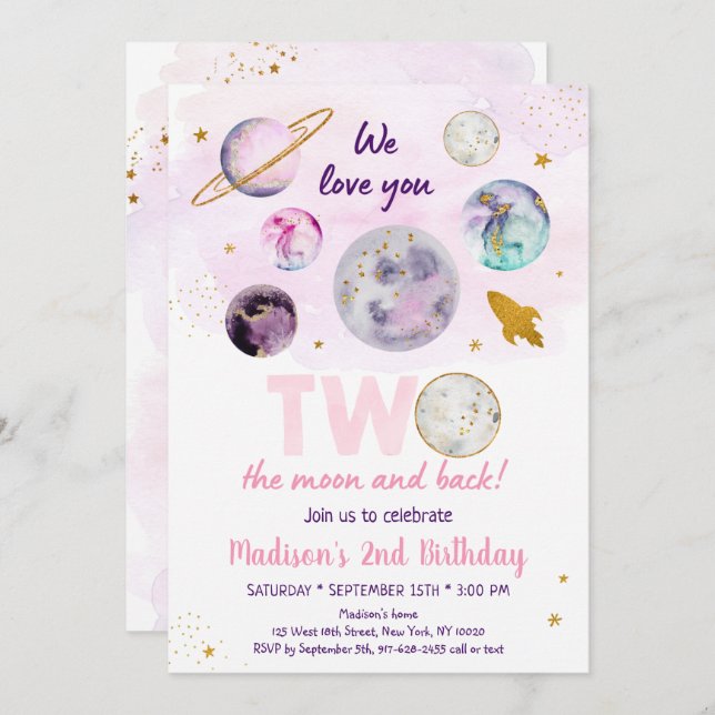 Galaxy Two The Moon Pink Gold Outer Space Birthday Invitation (Front/Back)