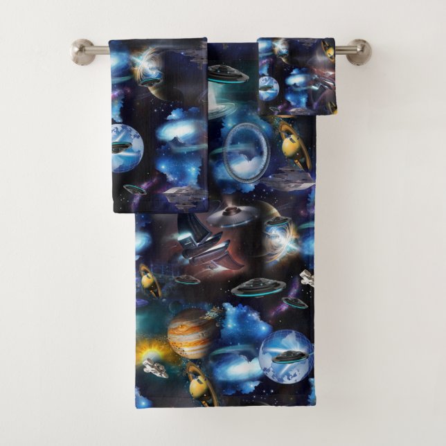 Galaxy visitors in space bath towel set (Insitu)