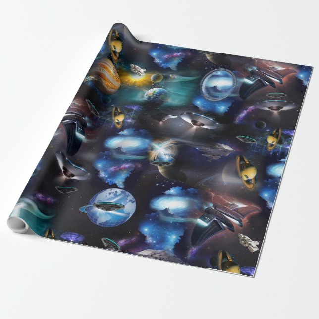 Galaxy visitors in space wrapping paper (Unrolled)