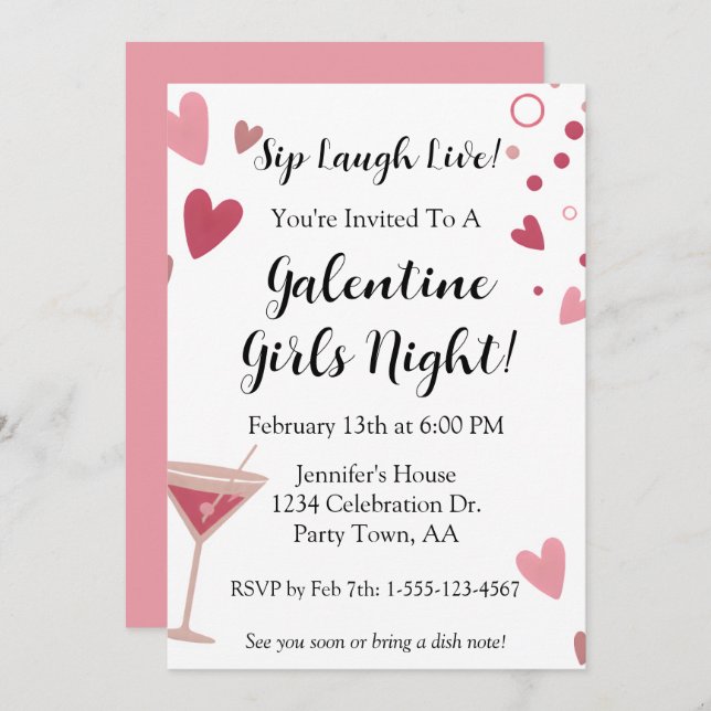 Galentine Girls Night Out Martini Pink Invitation (Front/Back)