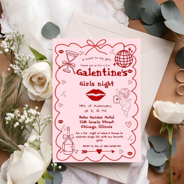 Galentine Hand Drawn Valentine Girls Night Party  Invitation (Creator Uploaded)