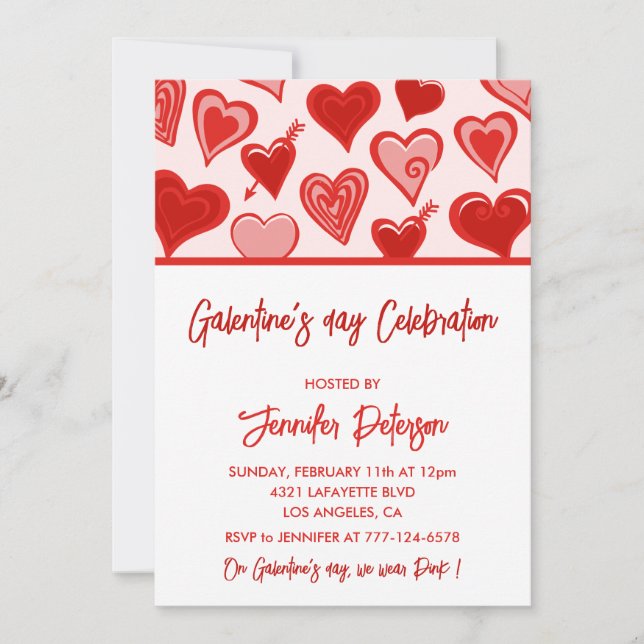 Galentine invitation Brunch pink and red Friends (Front)