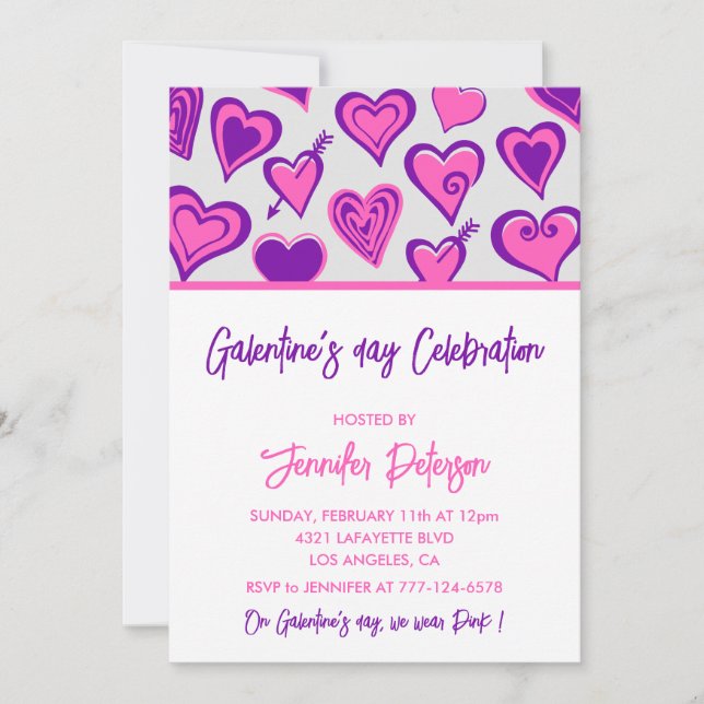 Galentine invitation girlfriends Purple Valentines (Front)