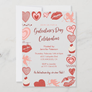 Galentine invitation pink and red brunch hearts