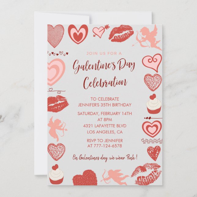 Galentine invitation pink and red brunch hearts  (Front)