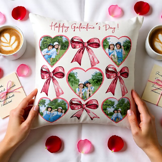 Galentine Photo Heart Collage with Name Back Print Cushion (Galentine Photo Heart Collage with Name Back Print Throw Pillow)