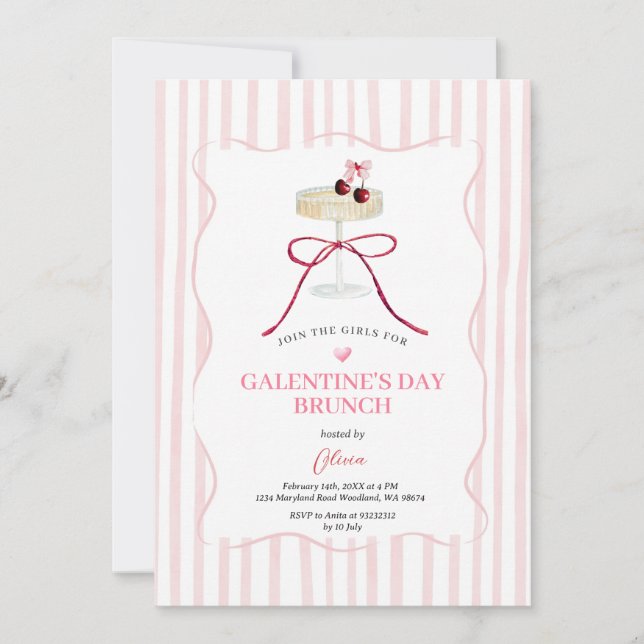 Galentine’s Day Brunch Invitation | Pink Stripe (Front)