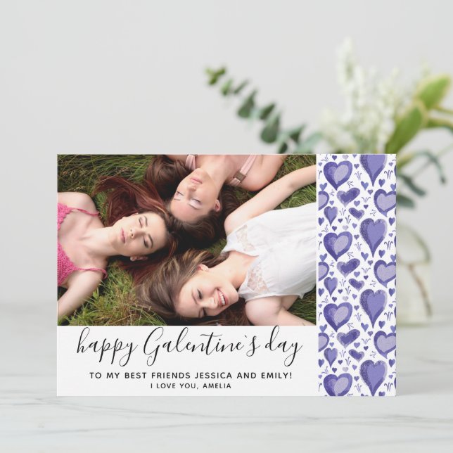 Galentine`s Day Purple Heart Drawing Friend Photo Holiday Card (Standing Front)