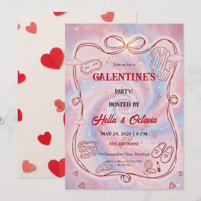 Galentine’s Party Invitation Printable, Pink & Red (Front/Back)