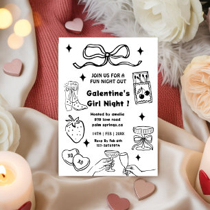 Galentine’s Party, Night Valentine Cherry doodle  Invitation