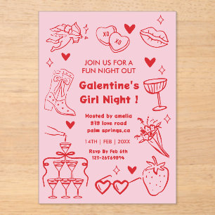 Galentine’s Party, Night Valentine Hand Drawn  Acrylic Invitations