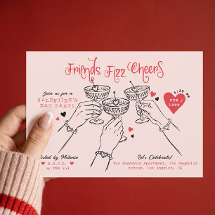 Galentine’s Pink Red Hand Drawn Cocktail Party Invitation