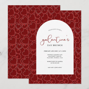 Galentine's Brunch Vintage Red Hearts Pattern Invitation