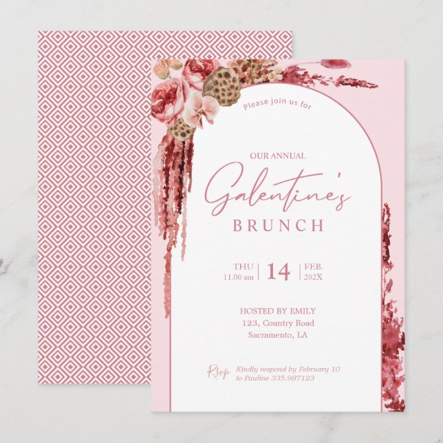 Galentine's Day Boho floral modern pink Invitation (Front/Back)