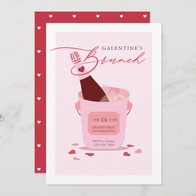 Galentine's Day Bruch Champagne Drink Heart Invitation (Front/Back)