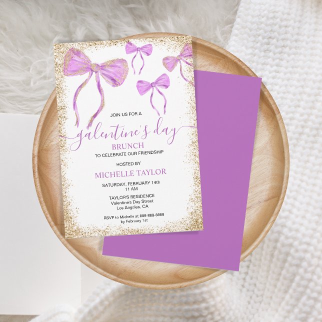 Galentine's Day Brunch Glitter Gold Purple Bows Invitation (purple glitter gold bow)