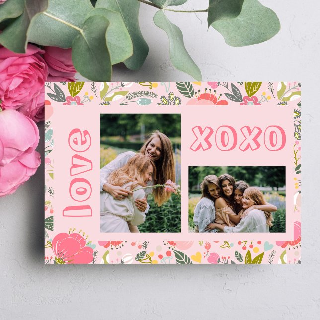 Galentine's Day floral pink 2 photo collage xoxo Holiday Card (Creator Uploaded)