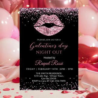 Galentine's Day Night Out Pink Glitter Lips Invitation