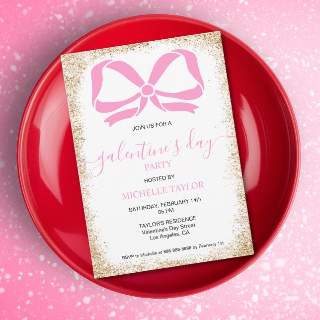 Galentines Day Party Glitter Gold Pink Bows Invitation (Creator Uploaded)