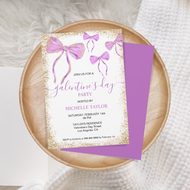 Galentine's Day Party Glitter Gold Purple Bows Invitation (purple bows glitter gold)