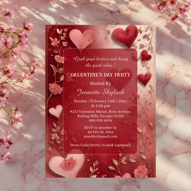 Galentine's Day Party Heart Ivory Vine Floral Red  Acrylic Invitations (Galentine's Day Party Heart Ivory Vine Floral Red Acrylic Invitations)