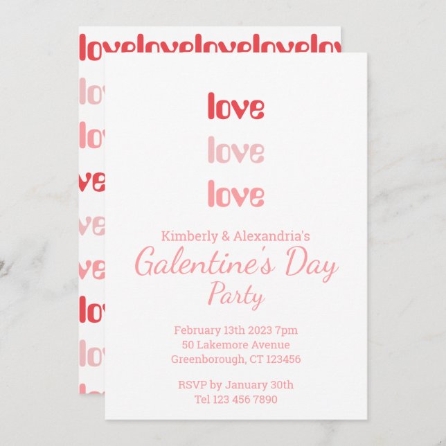 Galentine's Day Party Pink and Red typography Invitation (Front/Back)