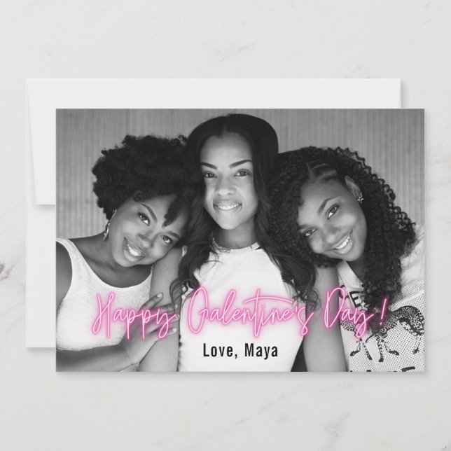 Galentine's Day Pink Neon Photo Horizontal Card (Front)