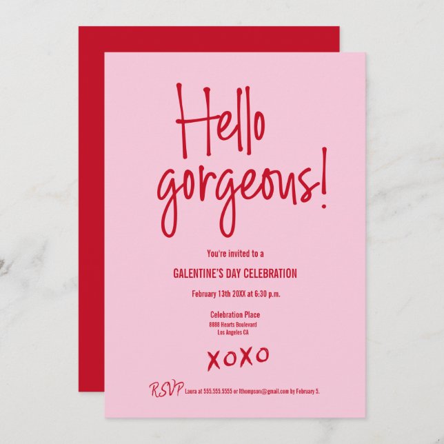 Galentine's Day PINK RED Hello gorgeous XOXO Invitation (Front/Back)