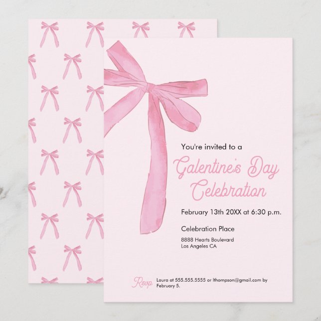Galentine's day Pink Ribbon Bow Girly modern Invitation (Front/Back)
