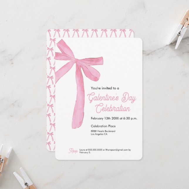 Galentine's day Pink ribbon bow theme modern Invitation (Front/Back In Situ)