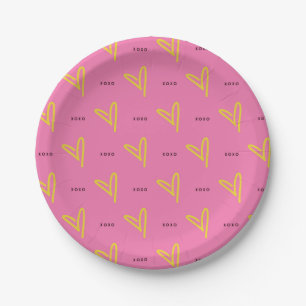 Galentine's Day Pink Yellow Heart XOXO Valentine Paper Plate