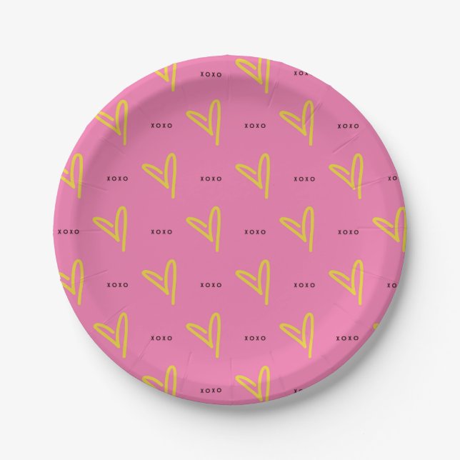 Galentine's Day Pink Yellow Heart XOXO Valentine Paper Plate (Front)
