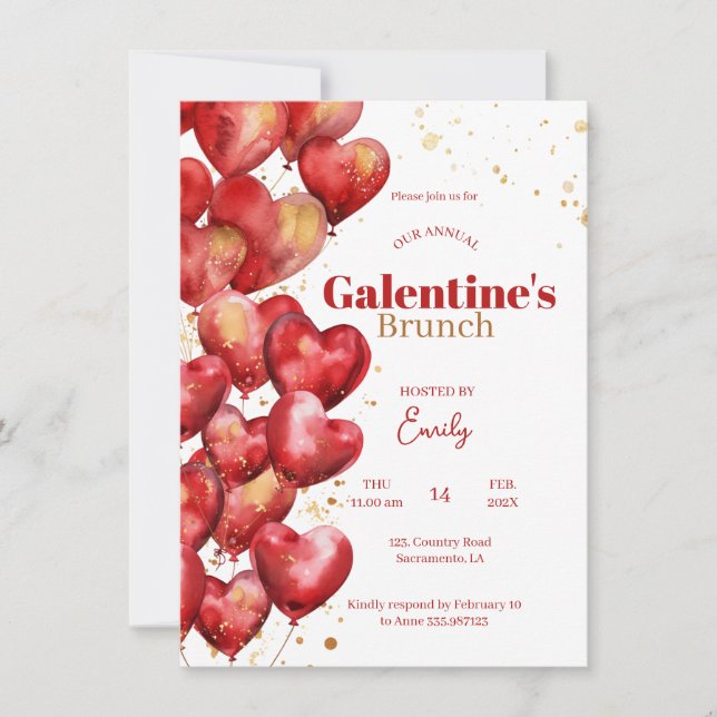 Galentine's Day watercolor heart modern red Invitation (Front)