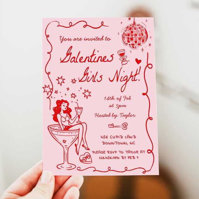 Galentines Girls Night Party Valentine Party Drawn Invitation (Creator Uploaded)