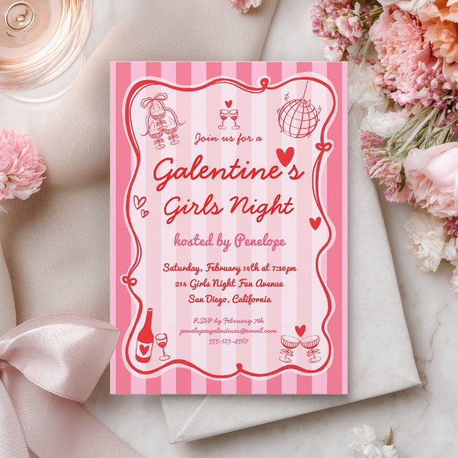 Galentine's Girls Night Pink Red Hand Drawn Party Invitation (Creator Uploaded)