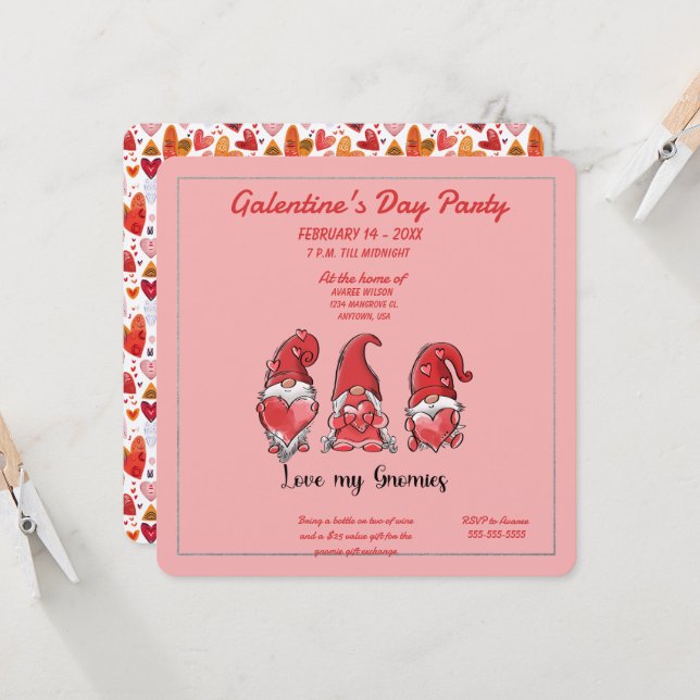 Galentine's Love My Gnomies Party Invitation (Front/Back In Situ)